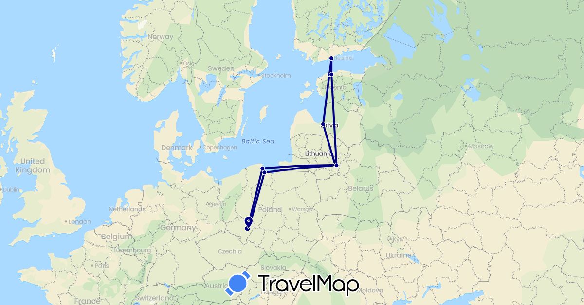 TravelMap itinerary: driving in Estonia, Finland, Lithuania, Latvia, Poland (Europe)